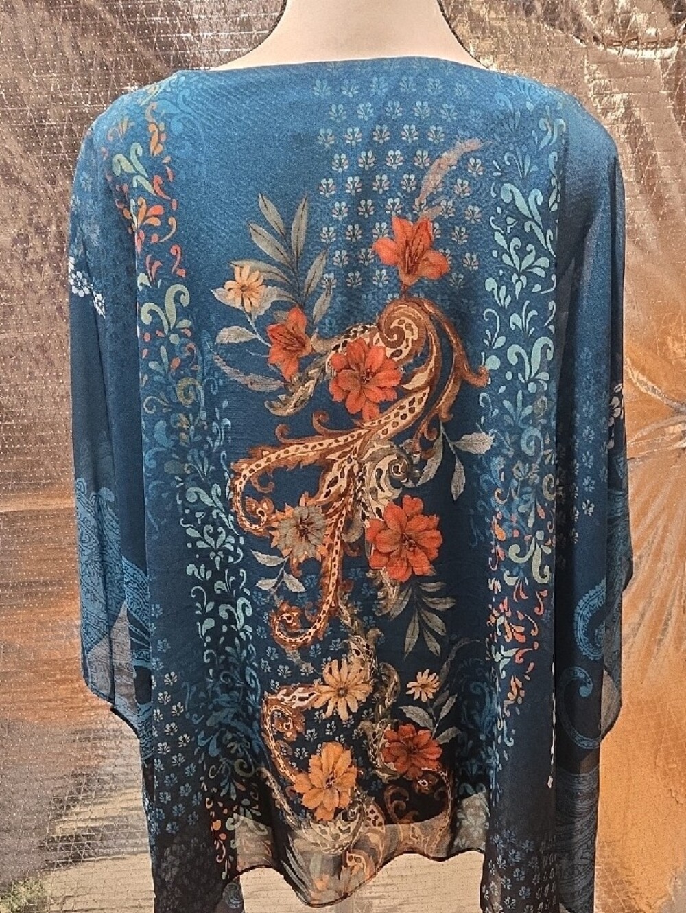 JM Collection Teal Blue Floral Paisley Tunic Top - Picture 3 of 7